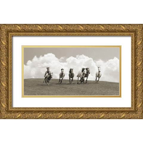 Herd of wild horses (BW) Gold Ornate Wood Framed Art Print with Double Matting by Pangea Images