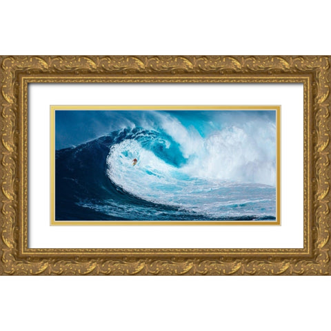 Surfing the big wave, Tasmania (detail) Gold Ornate Wood Framed Art Print with Double Matting by Pangea Images