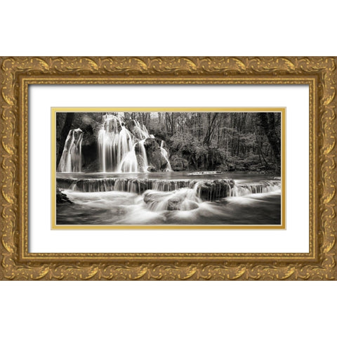 Waterfall in a forest (BW) Gold Ornate Wood Framed Art Print with Double Matting by Pangea Images