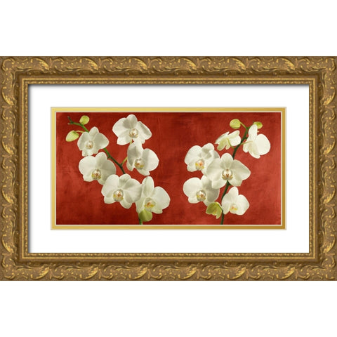 Orchids on Red Background Gold Ornate Wood Framed Art Print with Double Matting by Antinori, Andrea