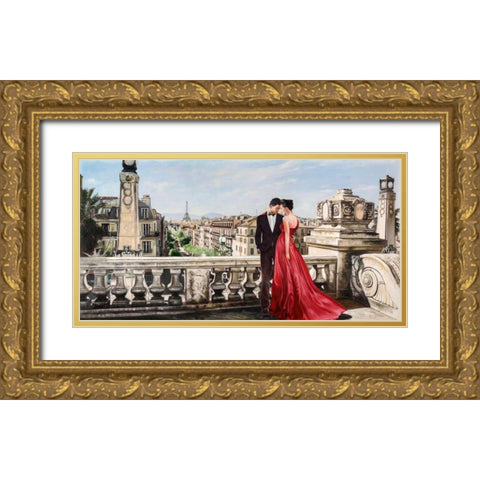 Lovers in Paris Gold Ornate Wood Framed Art Print with Double Matting by Benson, Pierre