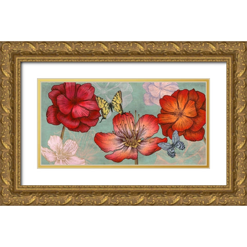 Flowers and Butterflies (Aqua) Gold Ornate Wood Framed Art Print with Double Matting by Grant, Eve C.