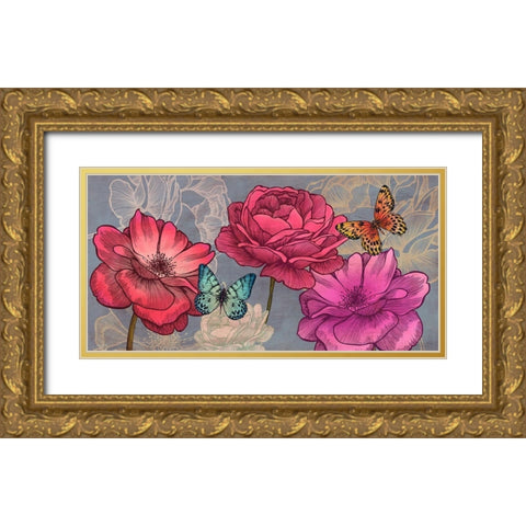 Roses and Butterflies (Ash) Gold Ornate Wood Framed Art Print with Double Matting by Grant, Eve C.