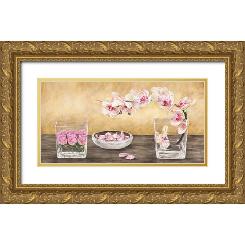 Orchids and Roses Arrangement Gold Ornate Wood Framed Art Print with Double Matting by Remy, Dellal