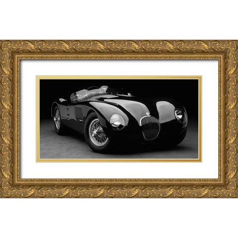 1951 Jaguar C-Type (BW) Gold Ornate Wood Framed Art Print with Double Matting by Heiny, Don
