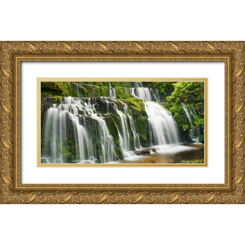Waterfall Purakaunui Falls, New Zealand Gold Ornate Wood Framed Art Print with Double Matting by Krahmer, Frank