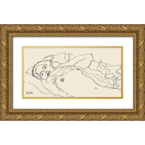 Reclined Woman Gold Ornate Wood Framed Art Print with Double Matting by Klimt, Gustav