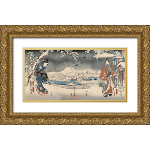 Snowy landscape with a woman and a man 1853 Gold Ornate Wood Framed Art Print with Double Matting by Hiroshige, Ando