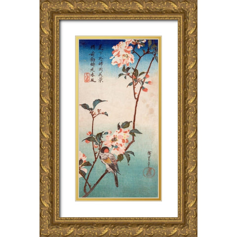Kaido ni shokin Gold Ornate Wood Framed Art Print with Double Matting by Ando, Hiroshige