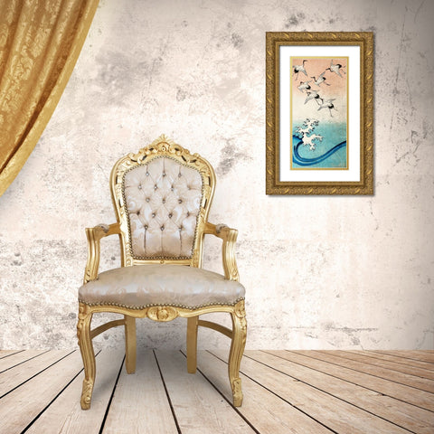 Cranes Flying (detail) Gold Ornate Wood Framed Art Print with Double Matting by Ando, Hiroshige