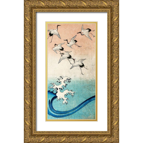 Cranes Flying (detail) Gold Ornate Wood Framed Art Print with Double Matting by Ando, Hiroshige