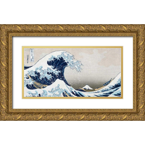 The Wave off Kanagawa Gold Ornate Wood Framed Art Print with Double Matting by Hokusai