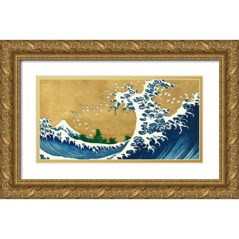 The Big Wave-detail from 100 Views of Mt. Fuji Gold Ornate Wood Framed Art Print with Double Matting by Hokusai