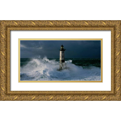 Phare d Ar-Men lors d une tempete Gold Ornate Wood Framed Art Print with Double Matting by Guichard, Jean