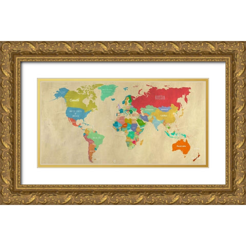 Modern Map of the World  - detail Gold Ornate Wood Framed Art Print with Double Matting by Joannoo