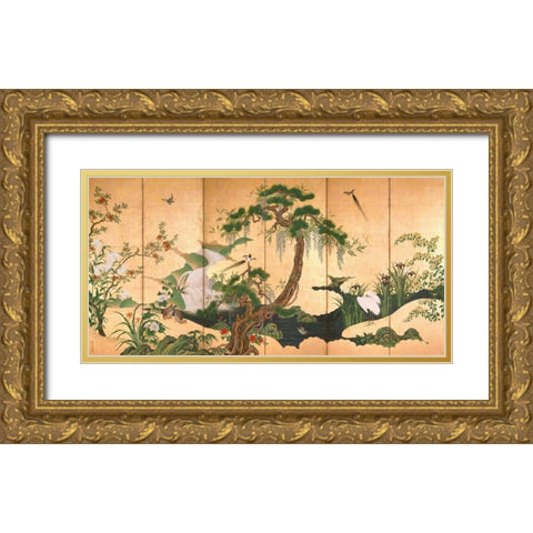 Birds and Flowers of Spring and Summer Gold Ornate Wood Framed Art Print with Double Matting by Eino, Kano