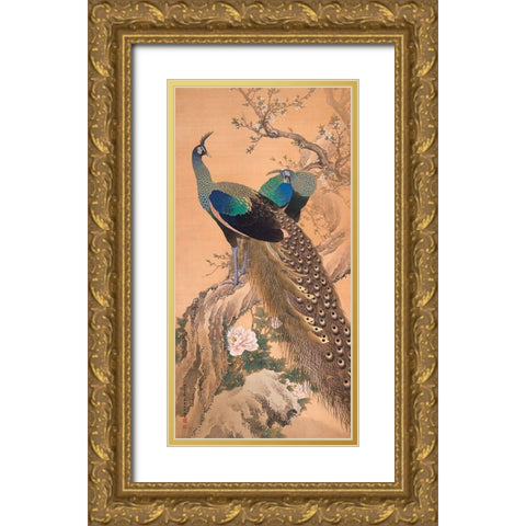 A Pair of Peacocks in Spring Gold Ornate Wood Framed Art Print with Double Matting by Imao KeinenImao, Keinen