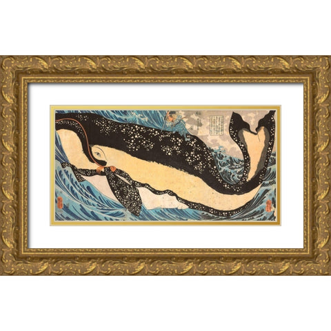 Miyamoto No Musashi Attacking the Giant Whale Gold Ornate Wood Framed Art Print with Double Matting by Kuniyoshi, Utagawa