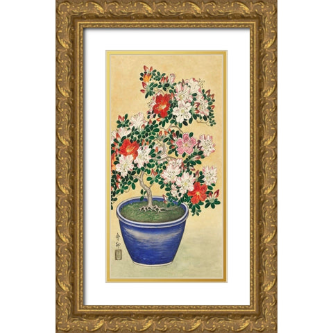 Blooming azalea in blue pot Gold Ornate Wood Framed Art Print with Double Matting by Koson, Ohara