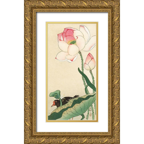 Lotus Flowers Gold Ornate Wood Framed Art Print with Double Matting by Koson, Ohara