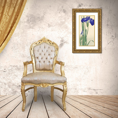 Irises Gold Ornate Wood Framed Art Print with Double Matting by Koson, Ohara