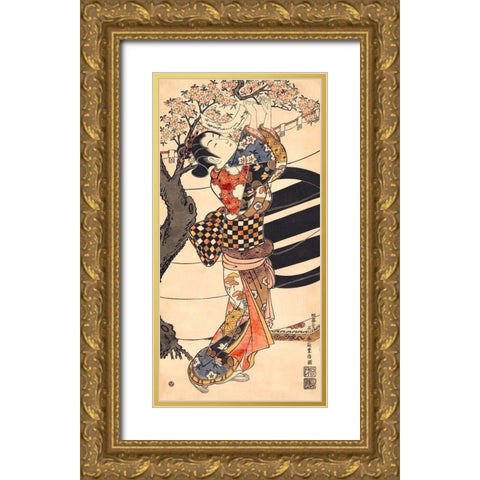Hanging poems on a cherry tree Gold Ornate Wood Framed Art Print with Double Matting by Ishikawa, Toyonobu