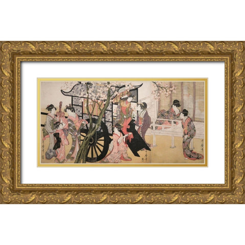 Courtesans admiring cherry blossoms Gold Ornate Wood Framed Art Print with Double Matting by Kitagawa, Utamaro