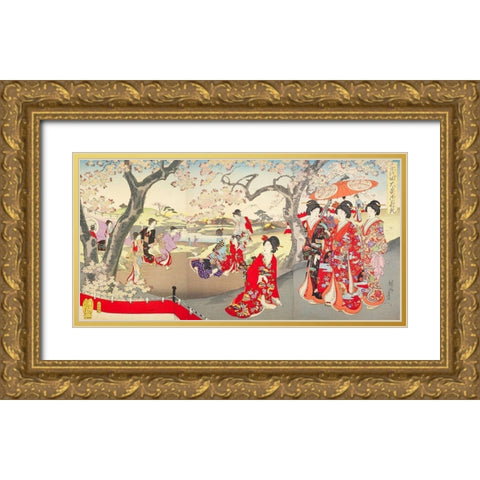 A Hanami at the Edo Castle Gold Ornate Wood Framed Art Print with Double Matting by Chikanobu, Yoshu (Hashimoto)