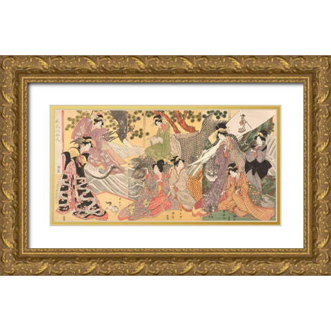 Kabuki players as the Eight Sennin Gold Ornate Wood Framed Art Print with Double Matting by Kininaga