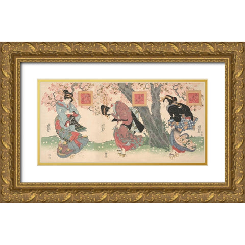 Beauties in a spring storm Gold Ornate Wood Framed Art Print with Double Matting by Eisen, Keisai