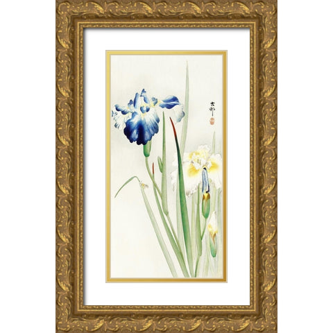 Irises Gold Ornate Wood Framed Art Print with Double Matting by Koson, Ohara