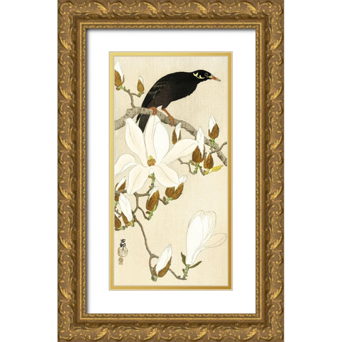Myna on Magnolia Branch Gold Ornate Wood Framed Art Print with Double Matting by Koson, Ohara