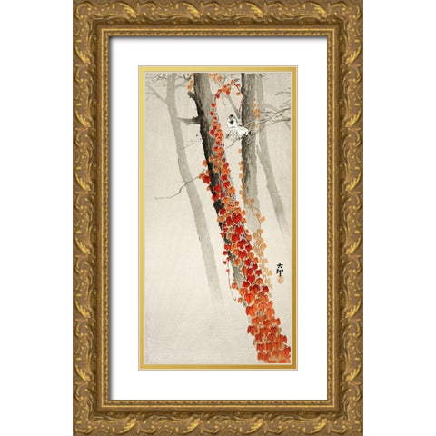 Red Ivy Gold Ornate Wood Framed Art Print with Double Matting by Koson, Ohara