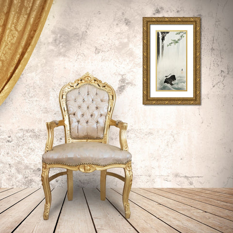 Japanese Wagtail at Waterfall Gold Ornate Wood Framed Art Print with Double Matting by Koson, Ohara