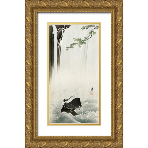 Japanese Wagtail at Waterfall Gold Ornate Wood Framed Art Print with Double Matting by Koson, Ohara