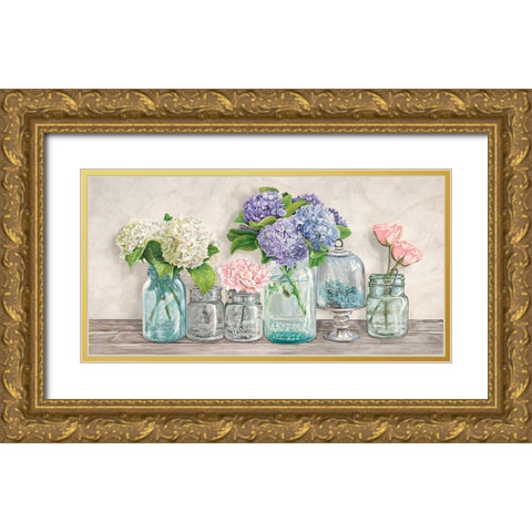 Flowers in Mason Jars Gold Ornate Wood Framed Art Print with Double Matting by Jenny, Thomlinson