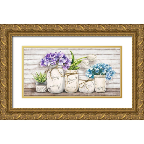 Hydrangeas in Mason Jars Gold Ornate Wood Framed Art Print with Double Matting by Jenny, Thomlinson