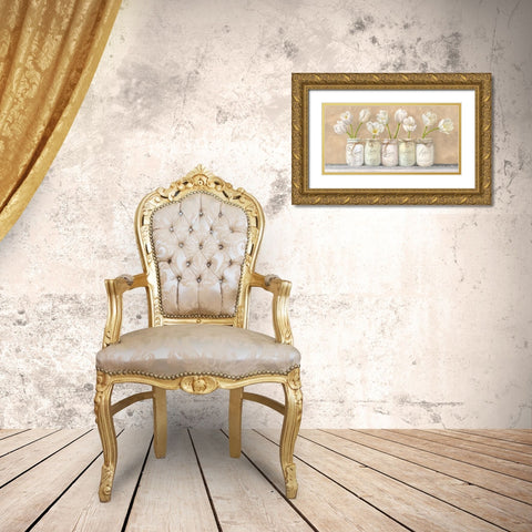 White Tulips in Mason Jars Gold Ornate Wood Framed Art Print with Double Matting by Jenny, Thomlinson