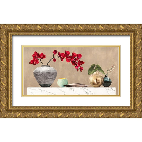 Red Orchids on White Marble Gold Ornate Wood Framed Art Print with Double Matting by Thomlinson, Jenny