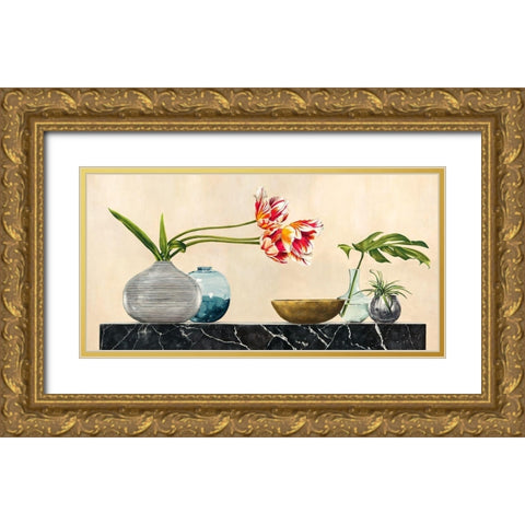 Floral Setting on Black Marble Gold Ornate Wood Framed Art Print with Double Matting by Thomlinson, Jenny