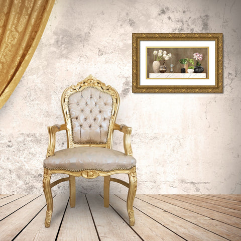 Floral Setting on White Marble Gold Ornate Wood Framed Art Print with Double Matting by Thomlinson, Jenny