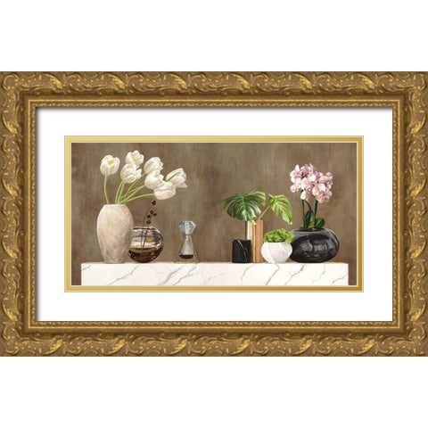 Floral Setting on White Marble Gold Ornate Wood Framed Art Print with Double Matting by Thomlinson, Jenny