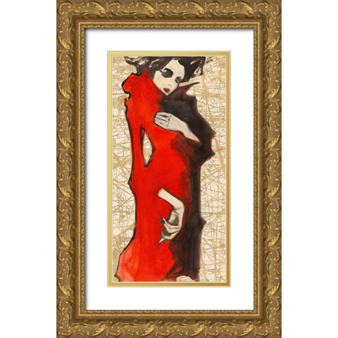 Feminine Red Gold Ornate Wood Framed Art Print with Double Matting by Kumi