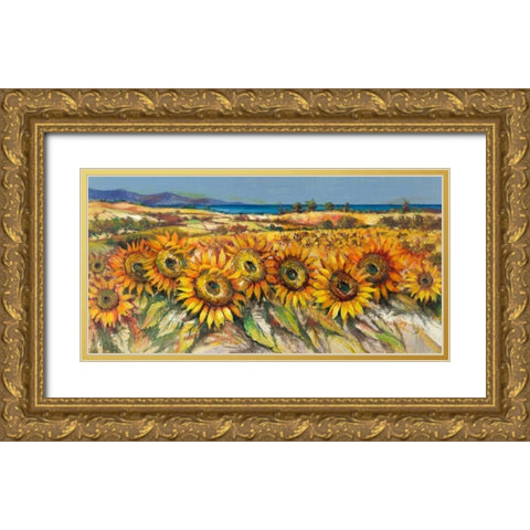 Campo di girasoli Gold Ornate Wood Framed Art Print with Double Matting by Florio, Luigi