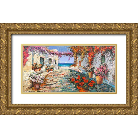 Piazzetta mediterranea Gold Ornate Wood Framed Art Print with Double Matting by Luigi, Florio