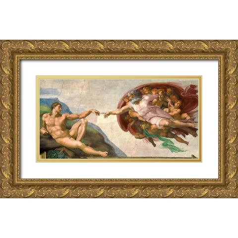 La creazione di Adamo (restored) Gold Ornate Wood Framed Art Print with Double Matting by Buonarroti, Michelangelo