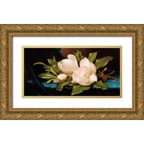 Giant Magnolias on Blue Cloth Gold Ornate Wood Framed Art Print with Double Matting by Heade, Martin Johnson