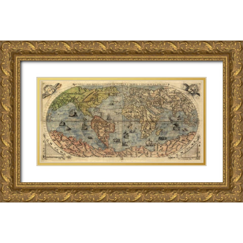 Universale descrittione di tutta la terra 1565 Gold Ornate Wood Framed Art Print with Double Matting by Forlani, Paolo