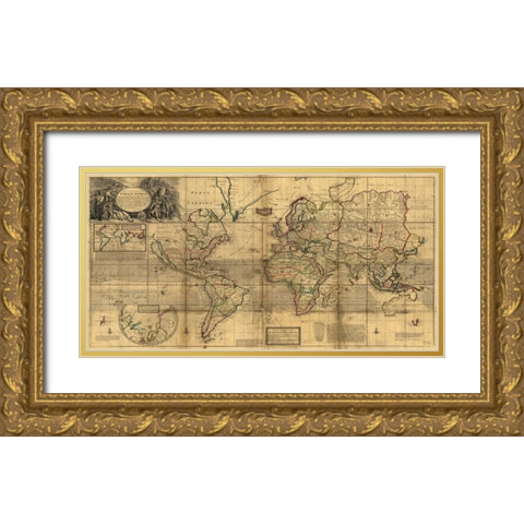 A New and Correct Map of the Whole World 1719 Gold Ornate Wood Framed Art Print with Double Matting by Moll, Herman