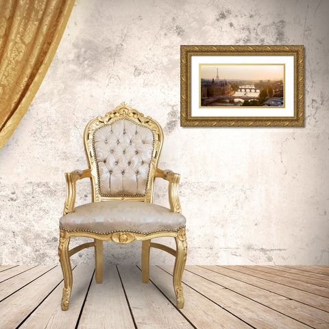Bridges over the Seine river, Paris Gold Ornate Wood Framed Art Print with Double Matting by Setboun, Michel